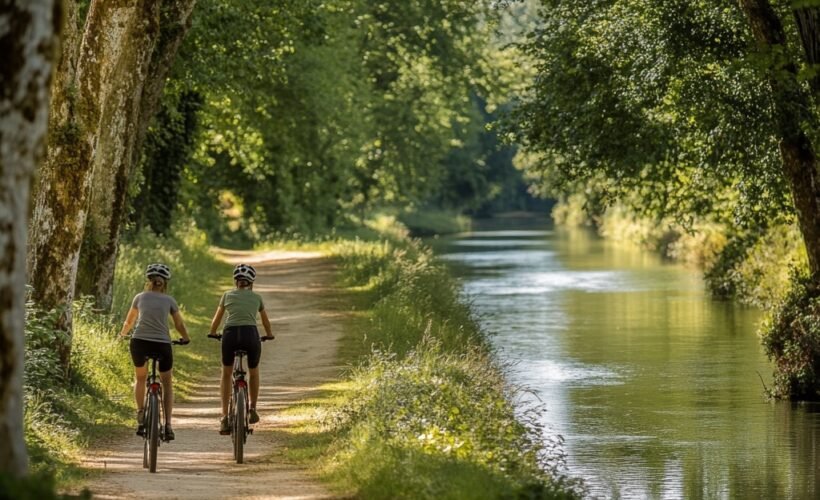 I need a photo that is true to reality to promote the mini itinerant stays in the Loiret, near the canals, the Loire, and the forest. I want a photo that perfectly represents 2 people on electric mountain bikes along the canal with the greatest possible precision in the details, as if it were a photographer who had made it --v 6.1 Job ID: 24bf6aac-f49c-430a-8a5f-d949112bd157