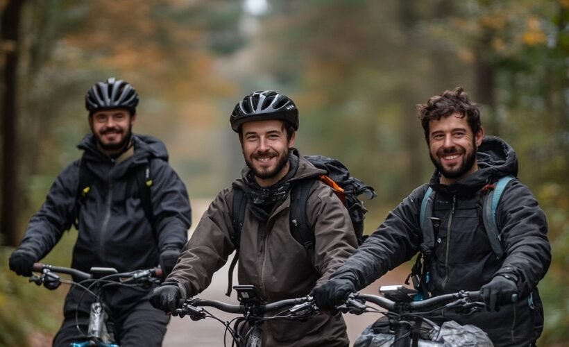 I need a photo that is true to reality to promote the mini itinerant stays in Loiret, near the canals, the Loire and the forest. I want a photo that perfectly represents 3 people on electric mountain bikes. They are in the forest of Orléans on a forest path. The photo is with the greatest possible precision in the details, as if it were a photographer who had taken it --v 6.1 Job ID: c9db0a6d-dea1-47a9-9a1b-3257625763a7